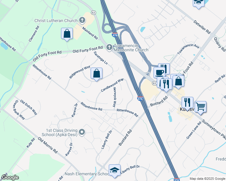 map of restaurants, bars, coffee shops, grocery stores, and more near 213 Norwyck Way in Harleysville