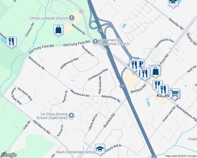 map of restaurants, bars, coffee shops, grocery stores, and more near 213 Norwyck Way in Harleysville