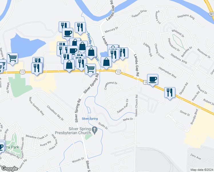 map of restaurants, bars, coffee shops, grocery stores, and more near 6383 Creekbend Drive in Cumberland County