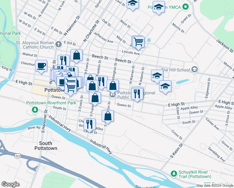 map of restaurants, bars, coffee shops, grocery stores, and more near 525 East High Street in Pottstown