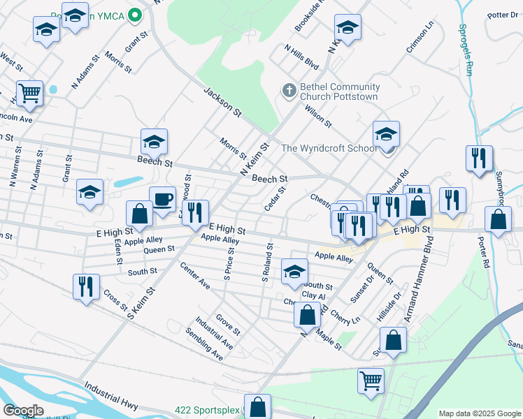 map of restaurants, bars, coffee shops, grocery stores, and more near 51 Cedar Street in Pottstown