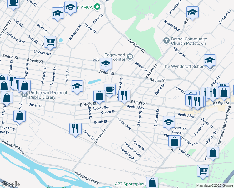 map of restaurants, bars, coffee shops, grocery stores, and more near 65 Edgewood Street in Pottstown
