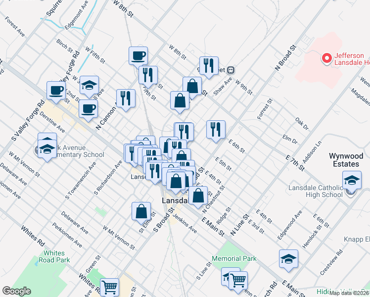 map of restaurants, bars, coffee shops, grocery stores, and more near 410 Walnut Street in Lansdale