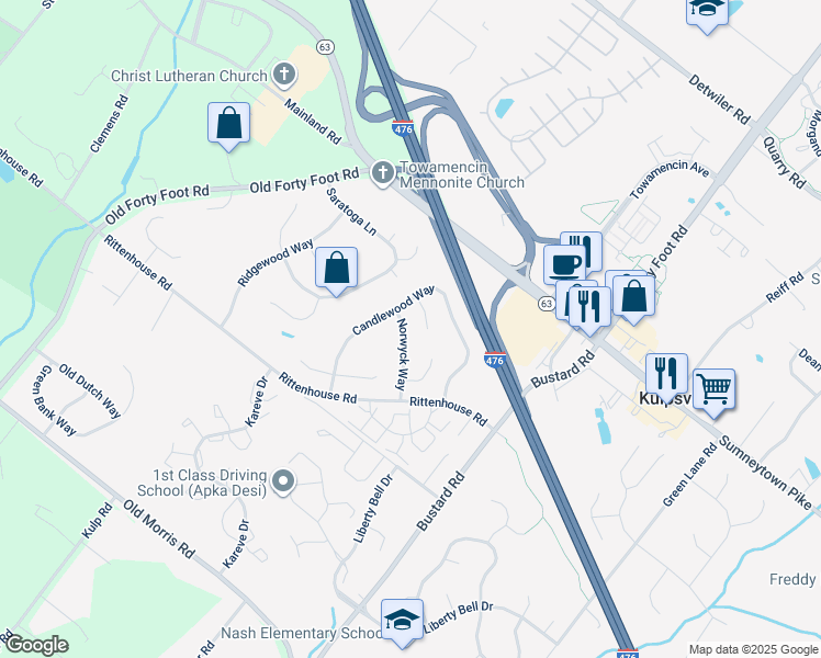 map of restaurants, bars, coffee shops, grocery stores, and more near 212 Norwyck Way in Harleysville