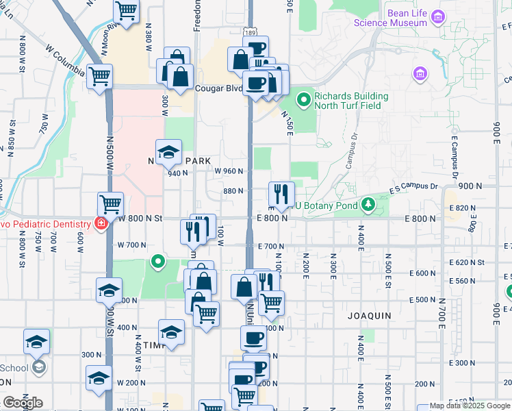 map of restaurants, bars, coffee shops, grocery stores, and more near 850 North University Avenue in Provo