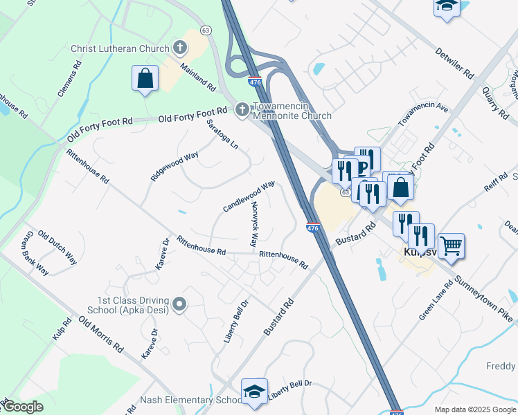 map of restaurants, bars, coffee shops, grocery stores, and more near 212 Norwyck Way in Harleysville