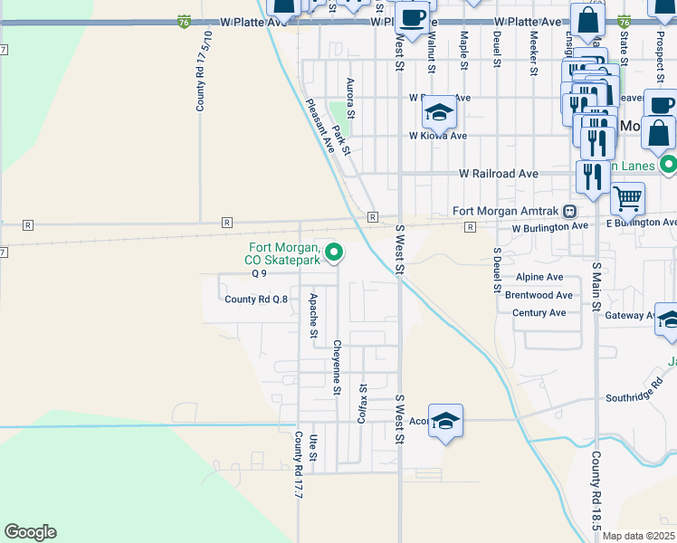 map of restaurants, bars, coffee shops, grocery stores, and more near 204 Cheyenne Street in Fort Morgan