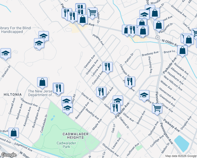 map of restaurants, bars, coffee shops, grocery stores, and more near 342 Concord Avenue in Ewing Township