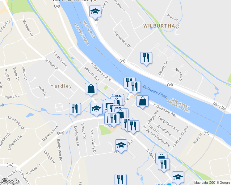map of restaurants, bars, coffee shops, grocery stores, and more near 39 Brown Street in Yardley