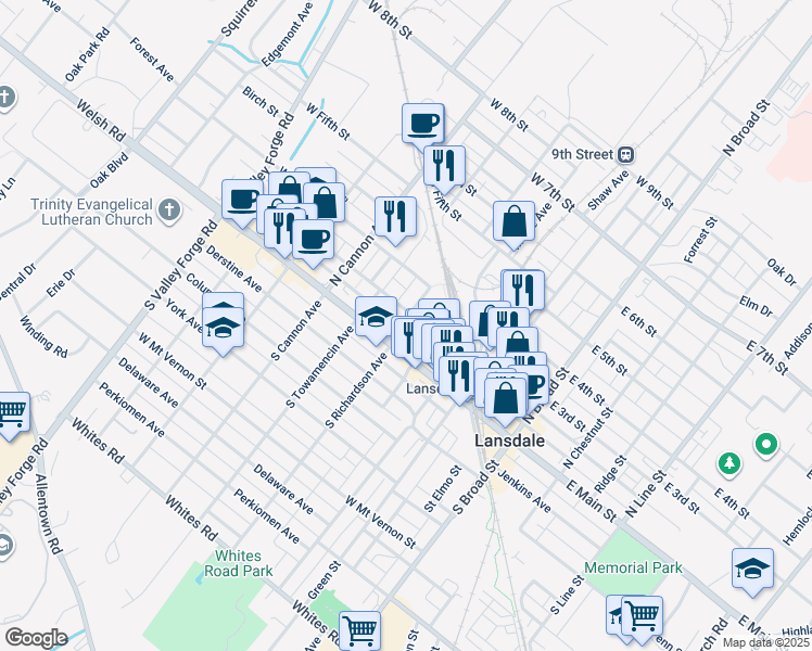 map of restaurants, bars, coffee shops, grocery stores, and more near 21 North Richardson Avenue in Lansdale