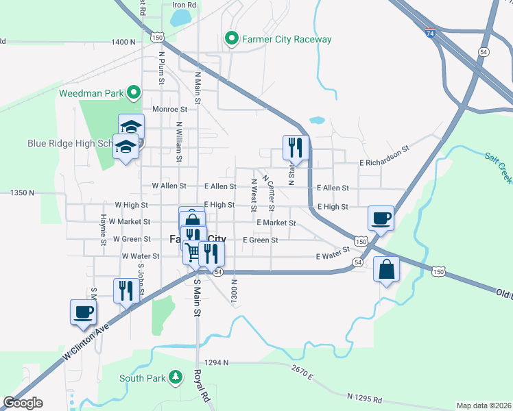 map of restaurants, bars, coffee shops, grocery stores, and more near 417 East High Street in Farmer City