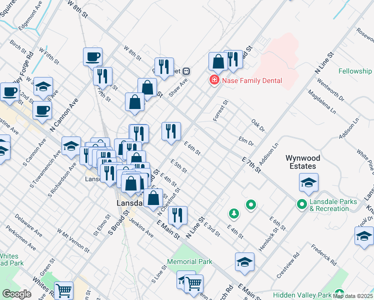 map of restaurants, bars, coffee shops, grocery stores, and more near 24 E 6th St in Lansdale