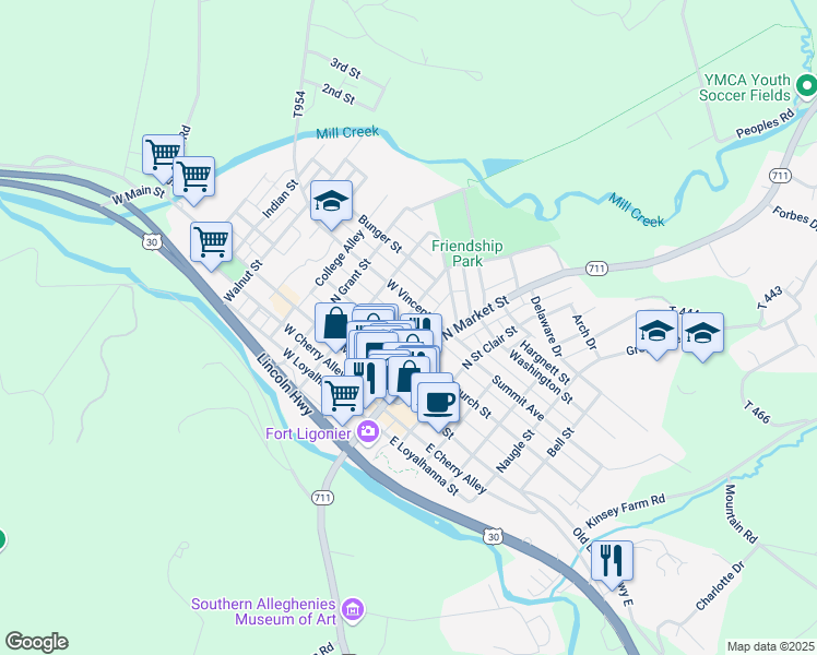 map of restaurants, bars, coffee shops, grocery stores, and more near 111 West Wellington Alley in Ligonier