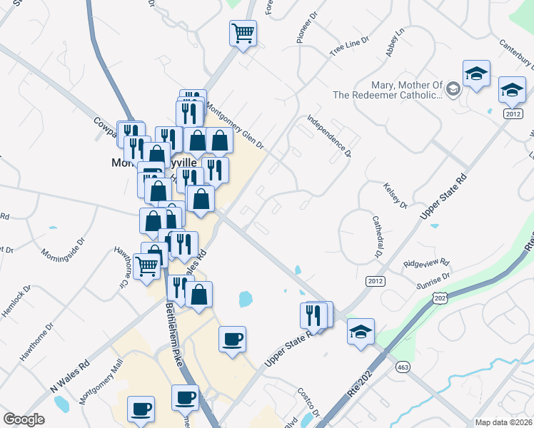 map of restaurants, bars, coffee shops, grocery stores, and more near 405 Hancock Court in North Wales