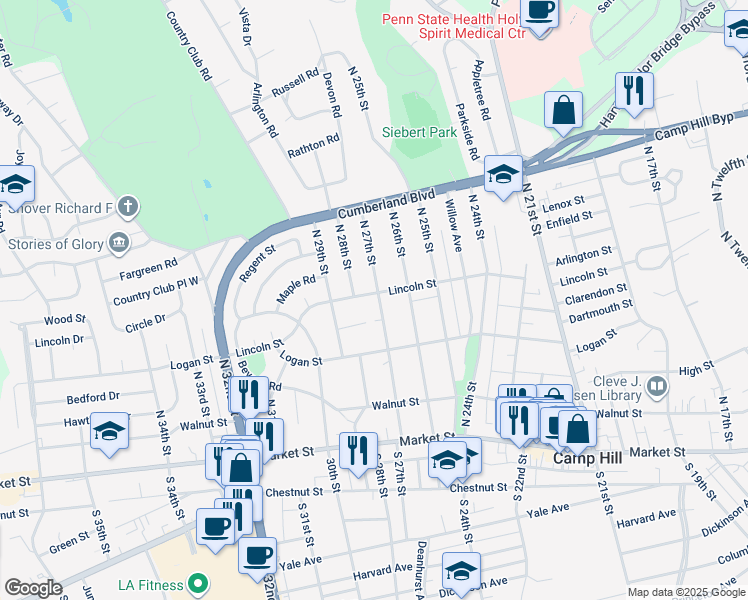 map of restaurants, bars, coffee shops, grocery stores, and more near 2701 Lincoln Street in Camp Hill