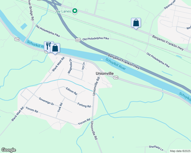 map of restaurants, bars, coffee shops, grocery stores, and more near 15A Unionville Road in Douglassville