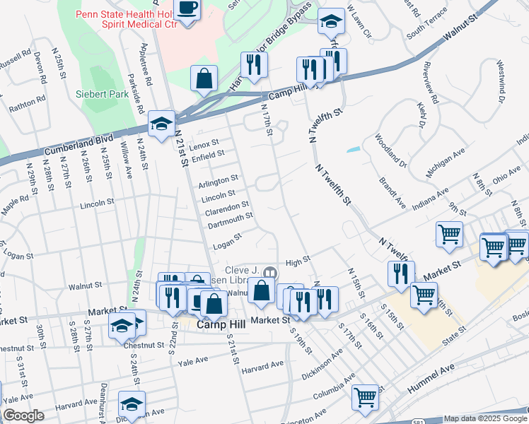 map of restaurants, bars, coffee shops, grocery stores, and more near 1705 Linewood Drive in Camp Hill