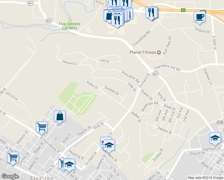 map of restaurants, bars, coffee shops, grocery stores, and more near 507 Sunday Drive in Harrisburg