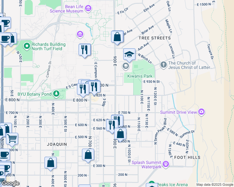 map of restaurants, bars, coffee shops, grocery stores, and more near 873 East 820 North in Provo
