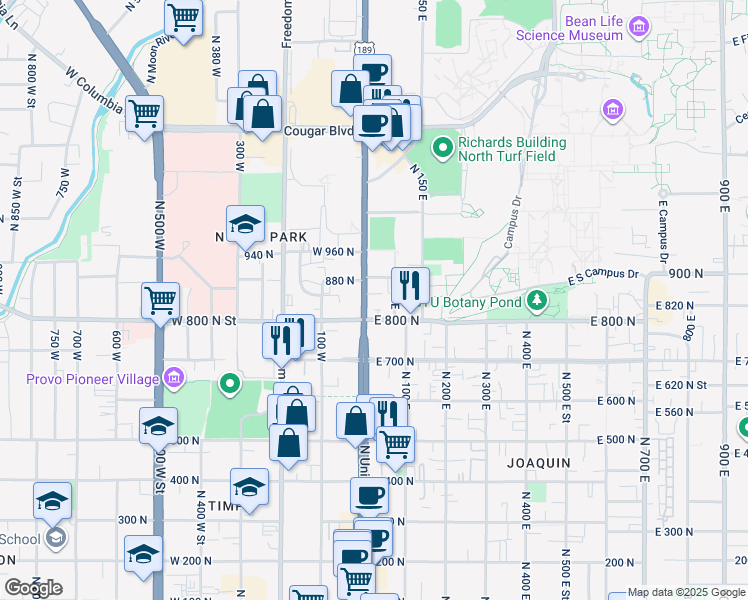 map of restaurants, bars, coffee shops, grocery stores, and more near 850 U.S. 189 in Provo