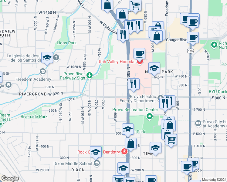 map of restaurants, bars, coffee shops, grocery stores, and more near 848 600 West in Provo