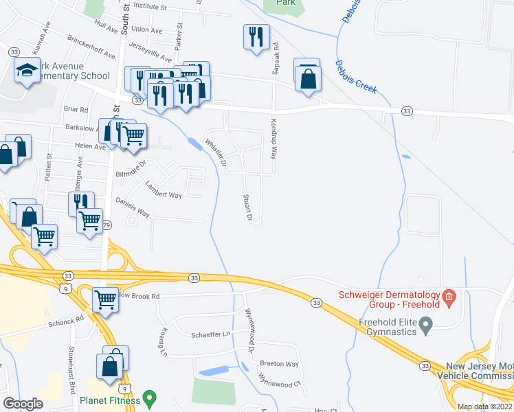 map of restaurants, bars, coffee shops, grocery stores, and more near 14 Stuart Drive in Freehold
