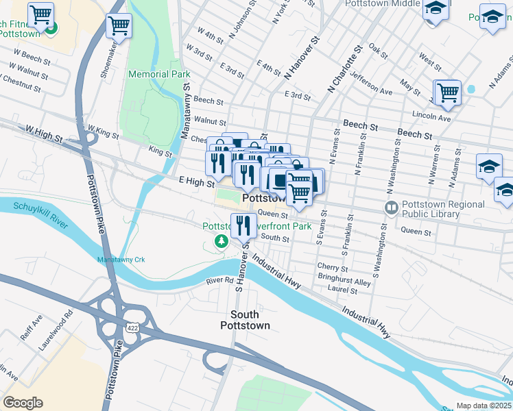 map of restaurants, bars, coffee shops, grocery stores, and more near 24 South Hanover Street in Pottstown