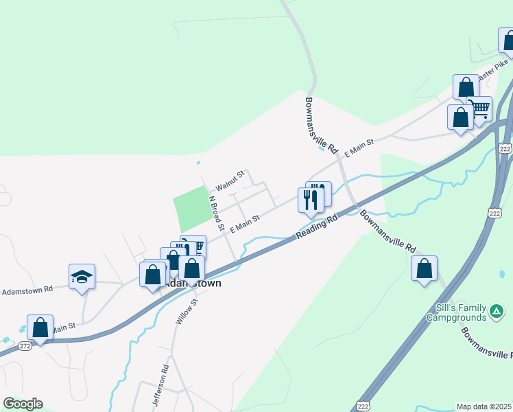map of restaurants, bars, coffee shops, grocery stores, and more near 65 East Washington Street in Reinholds