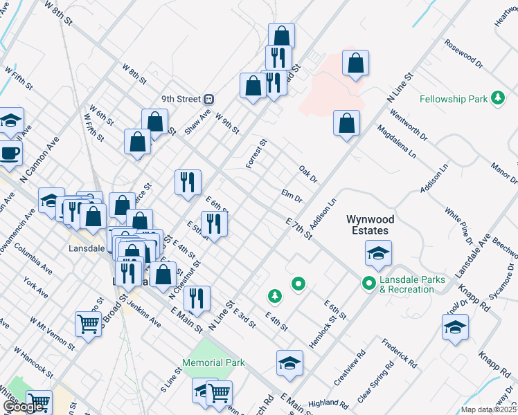 map of restaurants, bars, coffee shops, grocery stores, and more near 118 East 7th Street in Lansdale