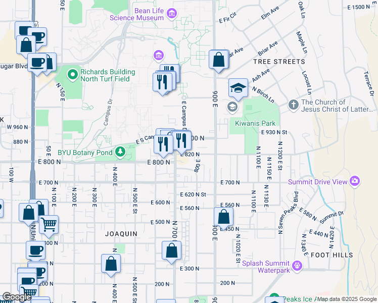 map of restaurants, bars, coffee shops, grocery stores, and more near 785 East 820 North in Provo