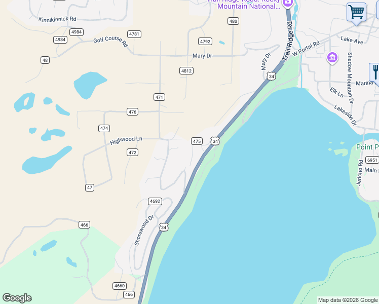 map of restaurants, bars, coffee shops, grocery stores, and more near 24 County Road 475 in Grand Lake