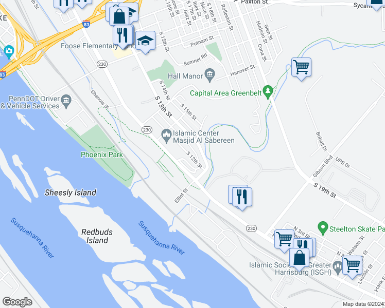 map of restaurants, bars, coffee shops, grocery stores, and more near 1517 South 12th Street in Harrisburg