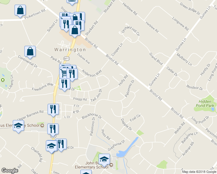 map of restaurants, bars, coffee shops, grocery stores, and more near 2168 Lisa Drive in Warrington
