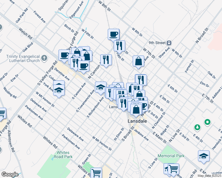 map of restaurants, bars, coffee shops, grocery stores, and more near 25 North Richardson Avenue in Lansdale