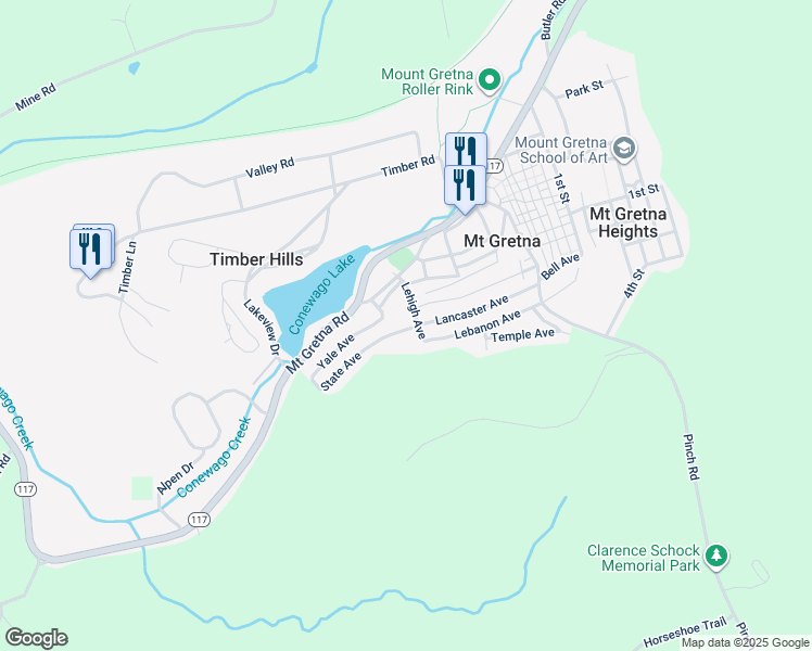 map of restaurants, bars, coffee shops, grocery stores, and more near 305 Lancaster Avenue in Mount Gretna