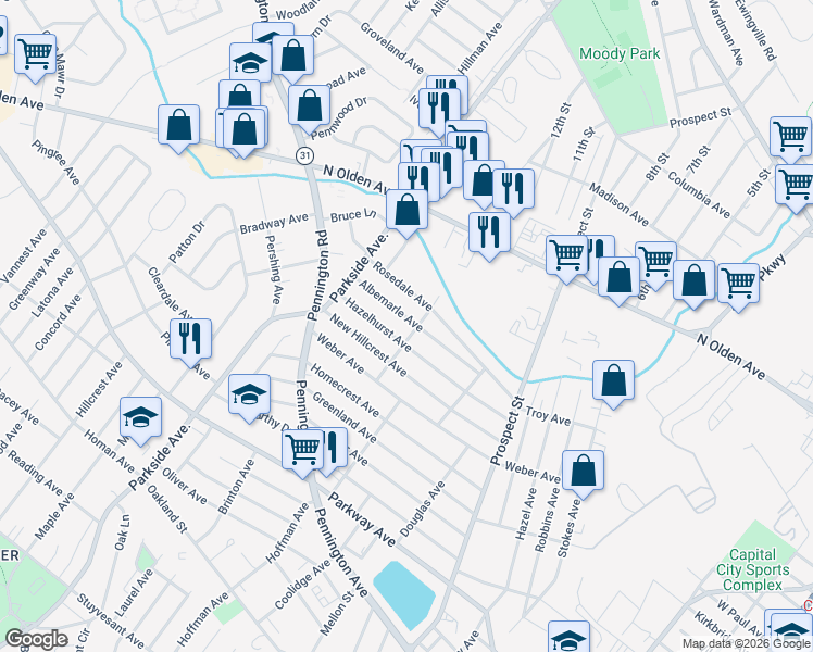 map of restaurants, bars, coffee shops, grocery stores, and more near 61 Albemarle Avenue in Ewing Township