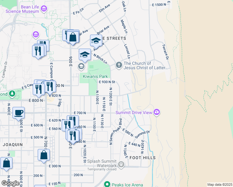 map of restaurants, bars, coffee shops, grocery stores, and more near 1235 East 820 North in Provo