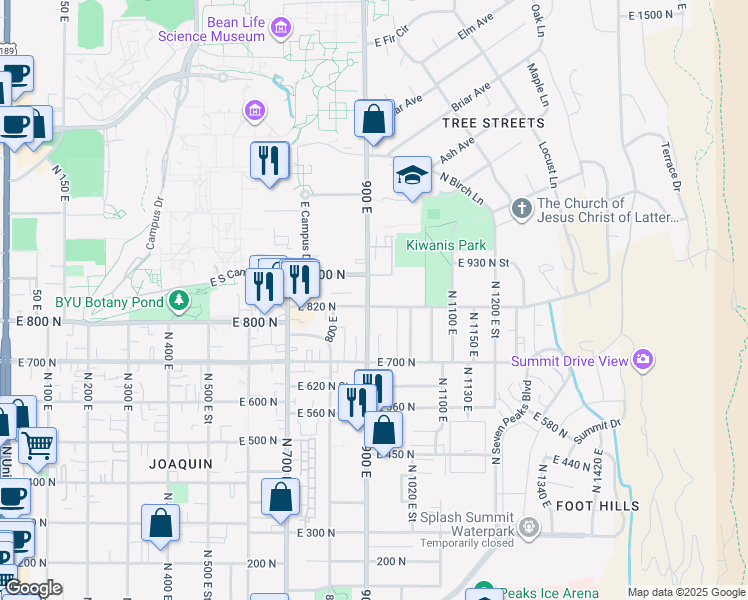map of restaurants, bars, coffee shops, grocery stores, and more near 907 East 820 North in Provo