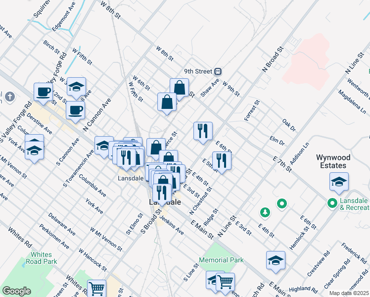 map of restaurants, bars, coffee shops, grocery stores, and more near 30 West 5th Street in Lansdale