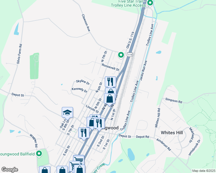 map of restaurants, bars, coffee shops, grocery stores, and more near 410 North 5th Street in Youngwood