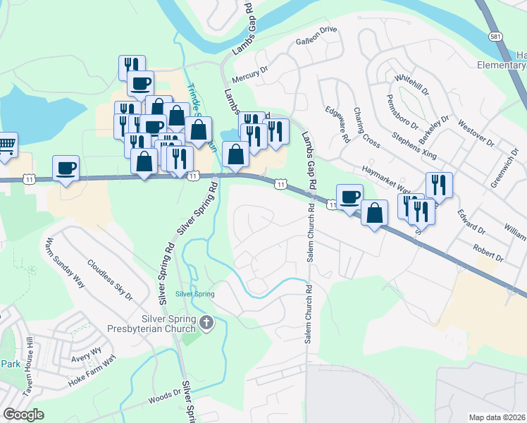 map of restaurants, bars, coffee shops, grocery stores, and more near 6449 Creekbend Drive in Cumberland County