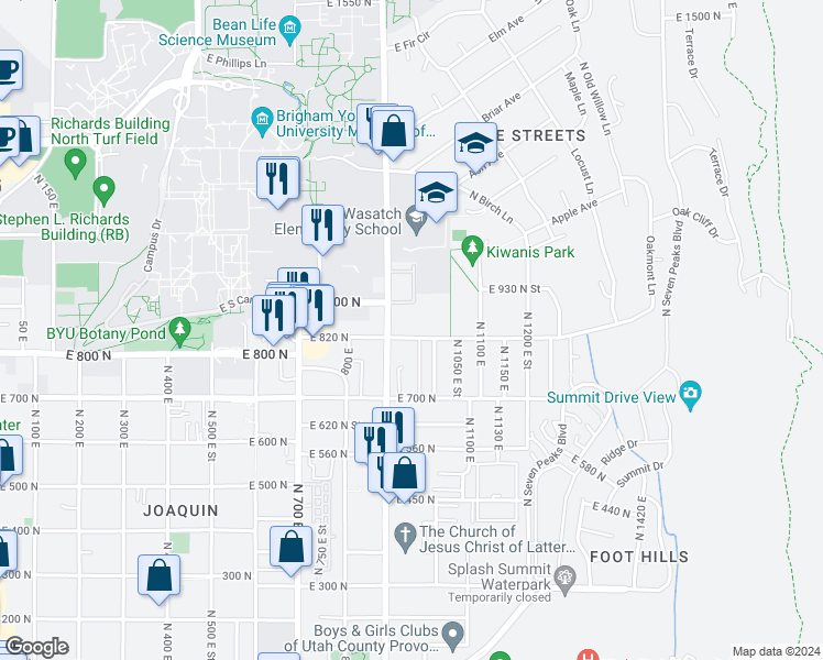 map of restaurants, bars, coffee shops, grocery stores, and more near 951 East 820 North in Provo
