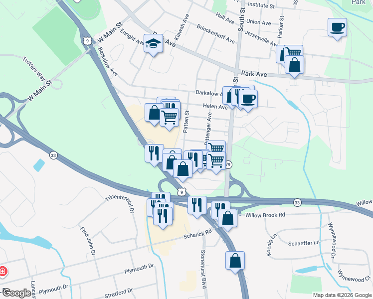 map of restaurants, bars, coffee shops, grocery stores, and more near 71 Moreau Avenue in Freehold
