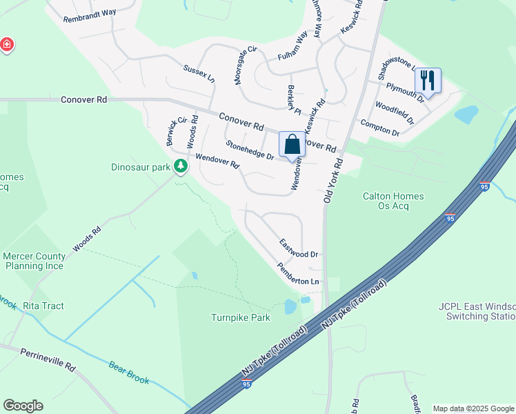 map of restaurants, bars, coffee shops, grocery stores, and more near 38 Eastwood Dr in East Windsor
