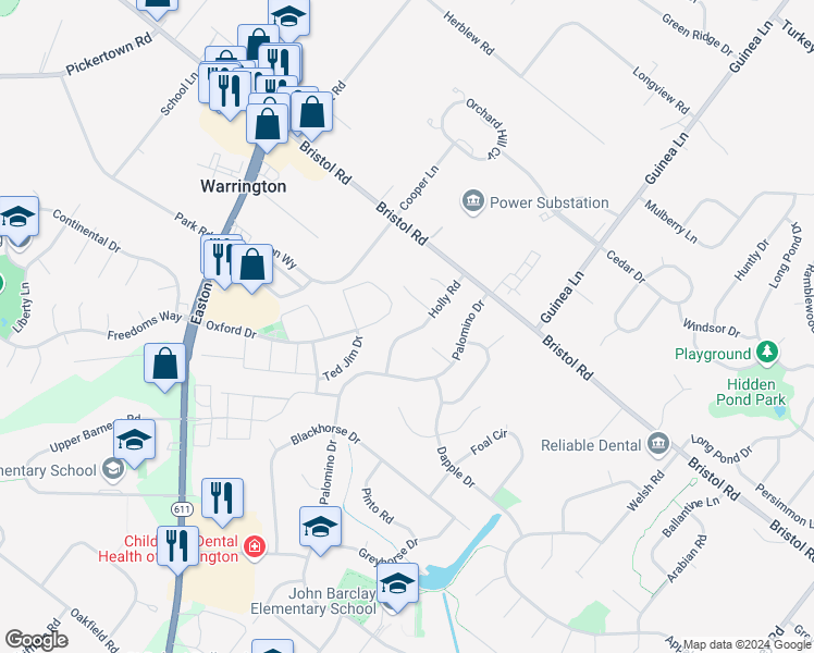 map of restaurants, bars, coffee shops, grocery stores, and more near 1266 Holly Road in Warrington