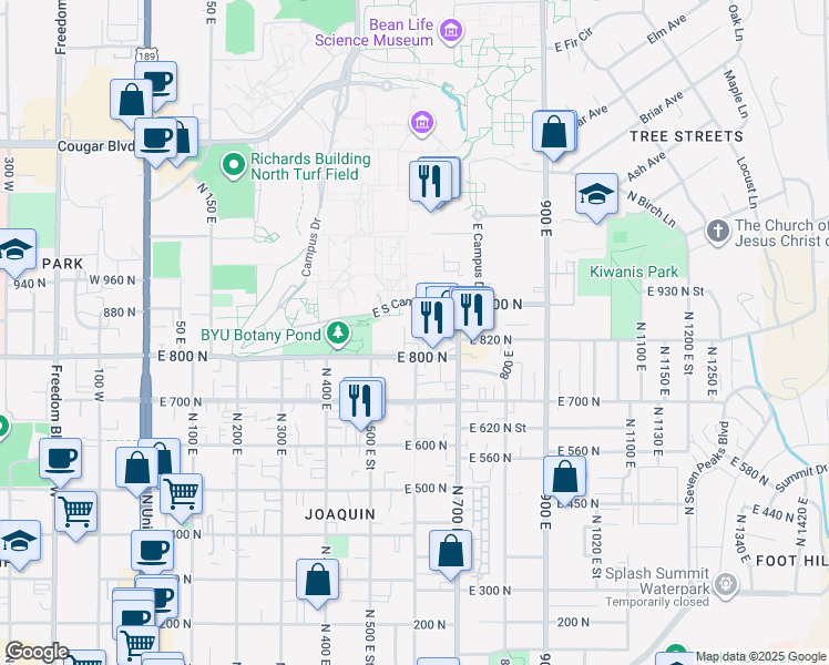 map of restaurants, bars, coffee shops, grocery stores, and more near 866 North 580 East Street in Provo
