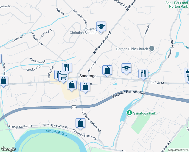 map of restaurants, bars, coffee shops, grocery stores, and more near in Sanatoga