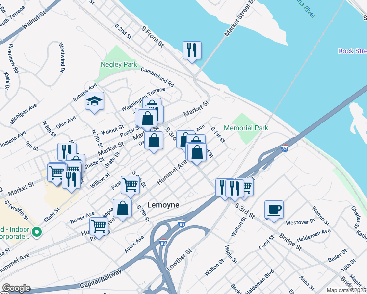map of restaurants, bars, coffee shops, grocery stores, and more near 112 South 3rd Street in Lemoyne