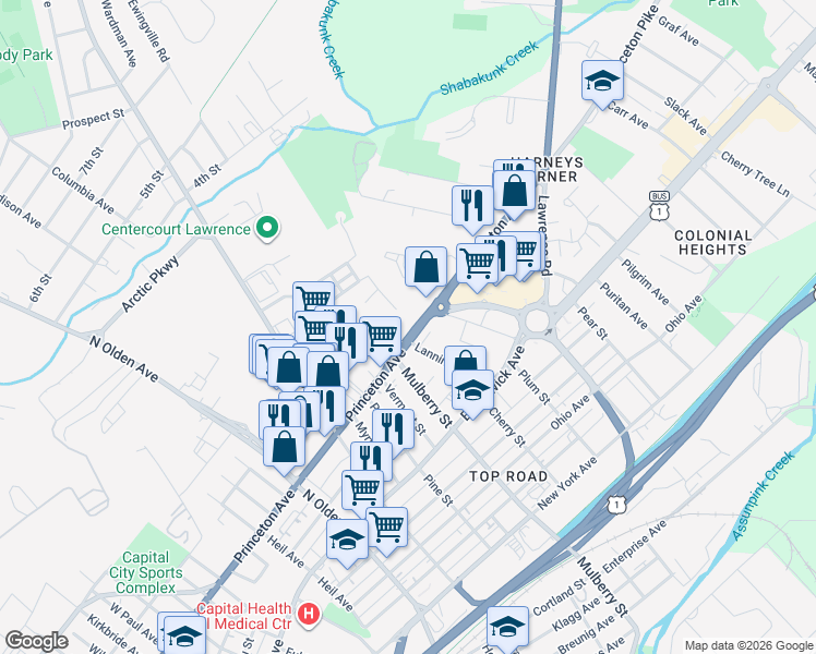 map of restaurants, bars, coffee shops, grocery stores, and more near 1741 Princeton Avenue in Lawrence Township