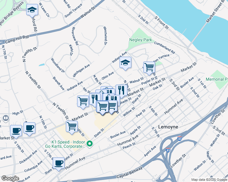 map of restaurants, bars, coffee shops, grocery stores, and more near 47 North 8th Street in Lemoyne